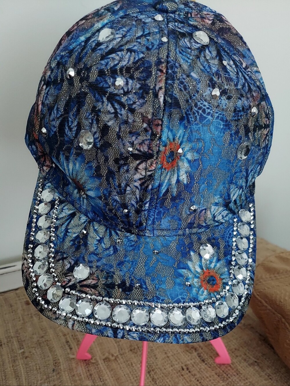 Rhinestone Embellished Blue Floral Baseball Cap
